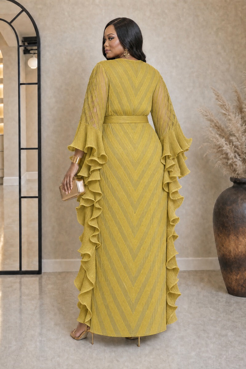 Imani Plissé Ruffle Dress – back view with chevron pleats and side ruffles