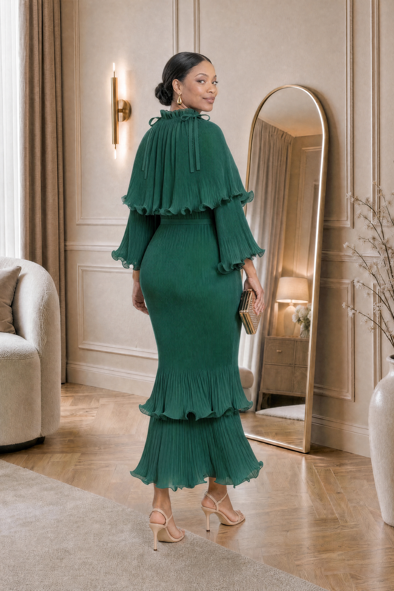 Arabella Plissé Cape Dress in emerald, back view