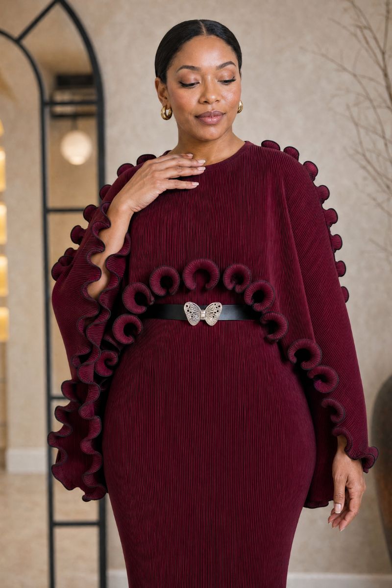 Rosette Cape Pleated Dress