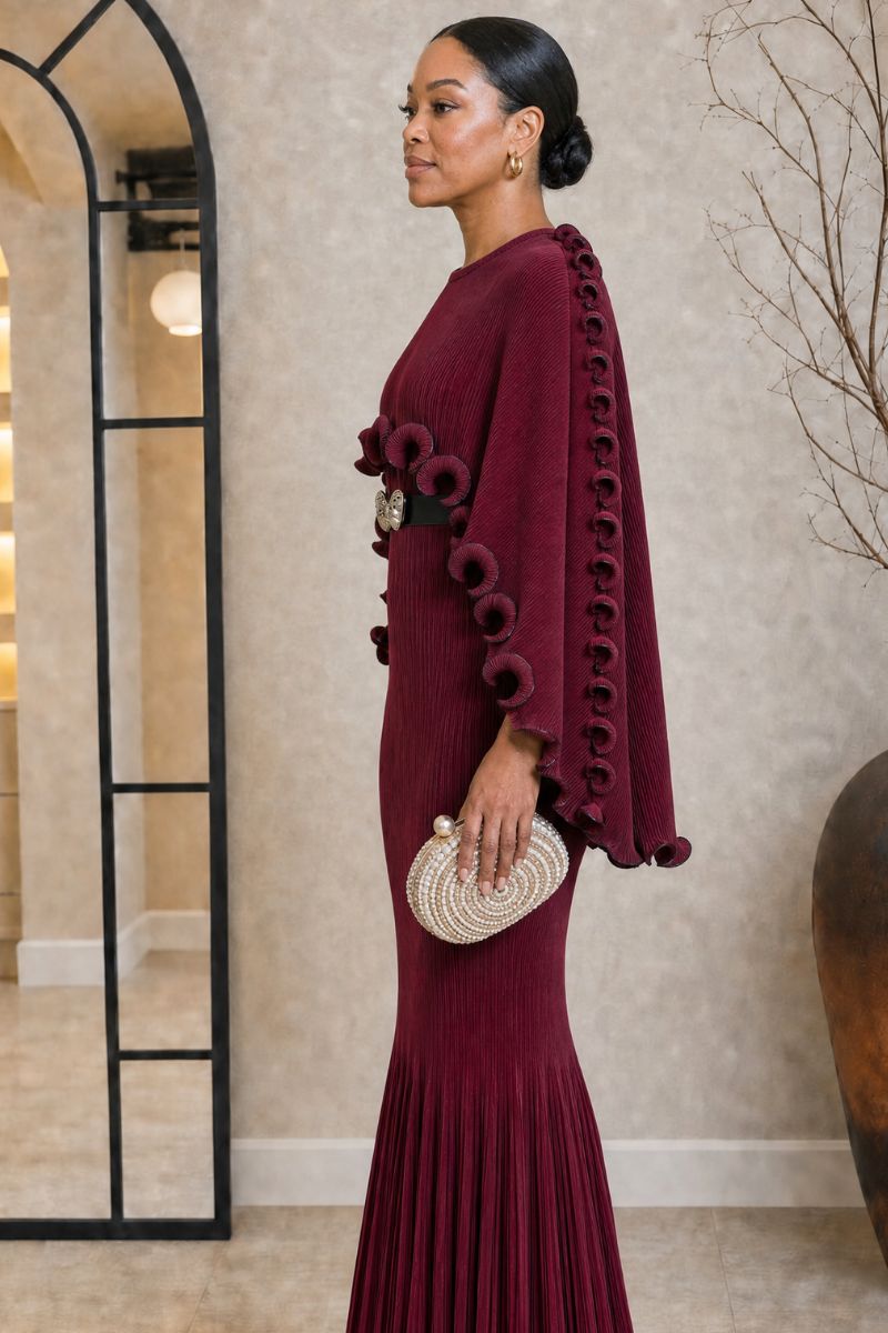Rosette Cape Pleated Dress